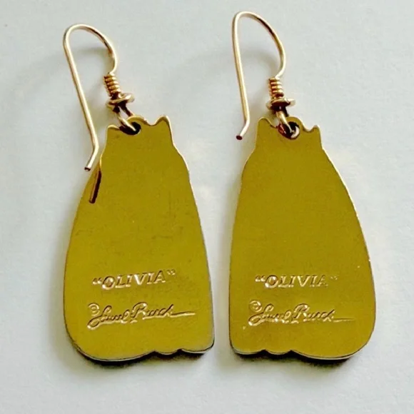 Laurel Burch Vintage 1986 Olivia Cat Red Gold Tone Hoop Dangle Earrings - Picture 2 of 5